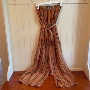 Orange strapless wide leg jumper with navy and white stripes